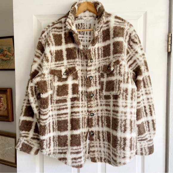 Fluffy Sherpa Plaid Shacket Jacket Coat - Picture 1 of 5